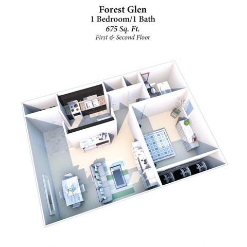 Floor plan for 1 bed, 1 bath, 675 sqft